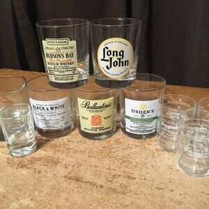 WHISKEY GLASSES LOT OF 10 BALLANTINES LONG JOHN USHERS SEAGRAMS JACK DANIELS